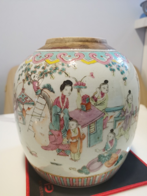 古玩陶瓷三娘教子圖粉彩罐拍賣,當前價格1500元