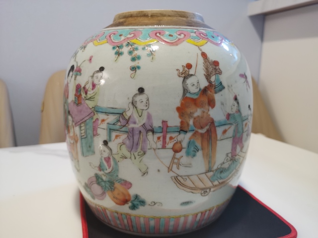 古玩陶瓷三娘教子圖粉彩罐拍賣,當前價格1500元