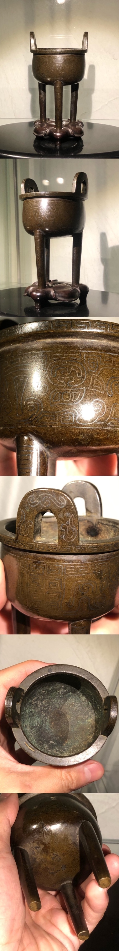 古玩雜項【保真卡】清中早期·嵌銀絲 獸面 鼎式銅香爐 琴爐拍賣,當前價格16000元