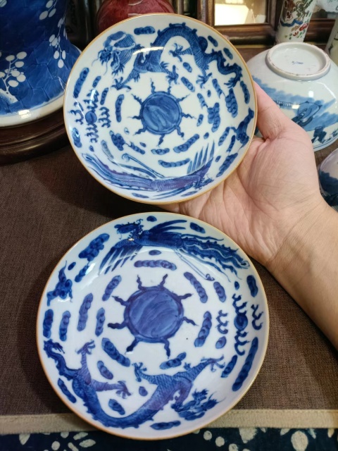 古玩陶瓷清代嘉慶龍鳳紋青花盤一對拍賣,當前價格8888元
