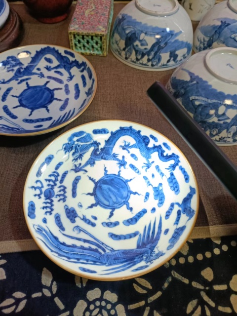 古玩陶瓷清代嘉慶龍鳳紋青花盤一對拍賣,當前價格8888元