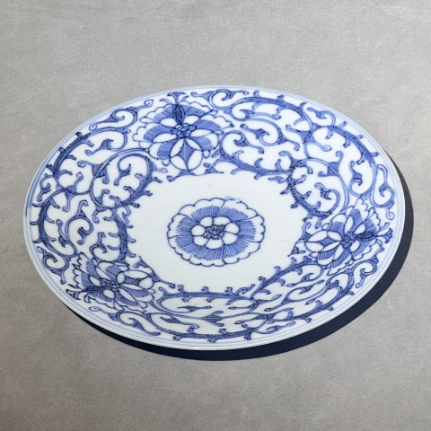 古玩陶瓷清 嘉慶 青花淡描月華牡丹纏枝紋盤拍賣,當前價格780元