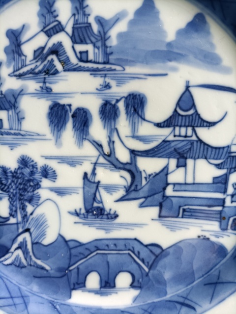 古玩陶瓷青花亭臺樓閣山水紋盤拍賣,當前價格780元