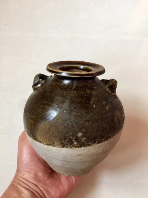 古玩陶瓷宣州窯褐釉雙耳尊拍賣，當前價格1600元
