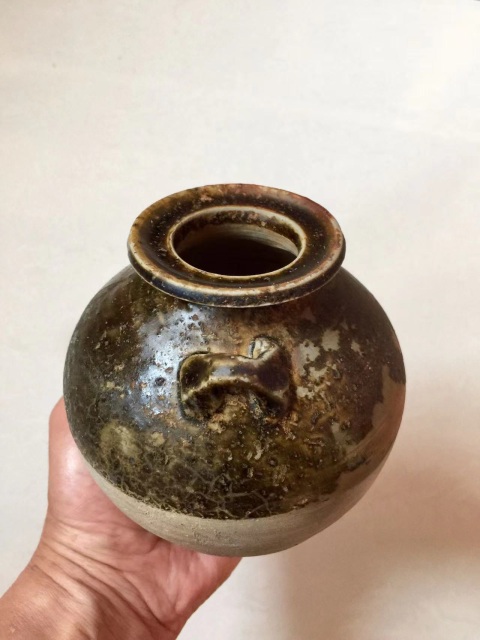 古玩陶瓷宣州窯褐釉雙耳尊拍賣，當前價格1600元