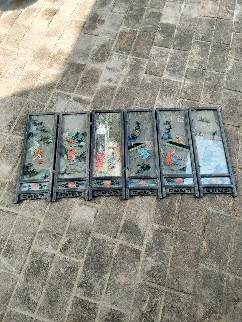 古玩雜項老紅木玻璃畫案屏拍賣，當前價格3600元