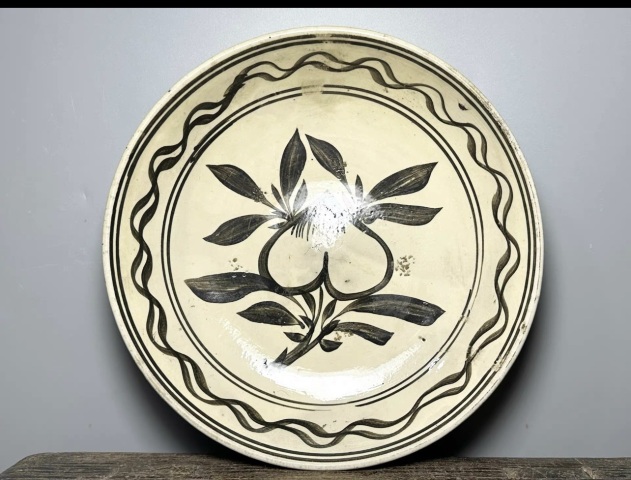 古玩陶瓷元代磁州窯白地黑花折枝桃紋盤（一流畫工）拍賣，當前價格1200元