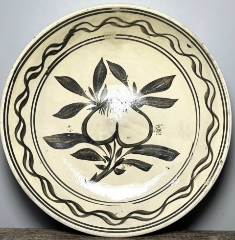 古玩陶瓷元代磁州窯白地黑花折枝桃紋盤（一流畫工）拍賣，當前價格1200元