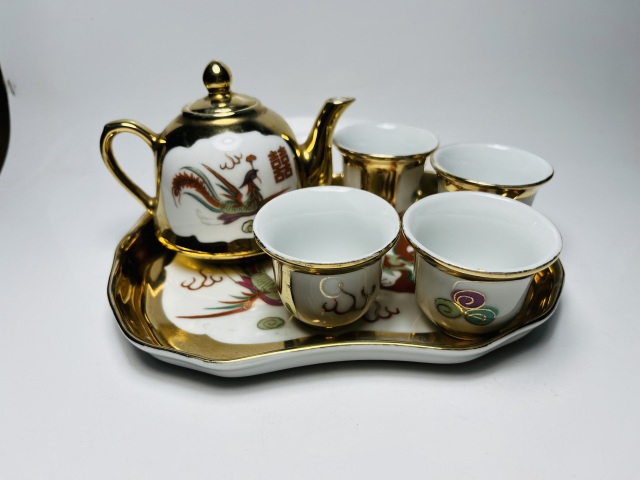 古玩陶瓷粉彩描金龍鳳囍字紋茶具一套拍賣，當前價格699元