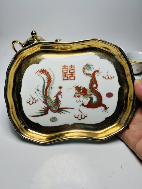 古玩陶瓷粉彩描金龍鳳囍字紋茶具一套拍賣，當前價格699元
