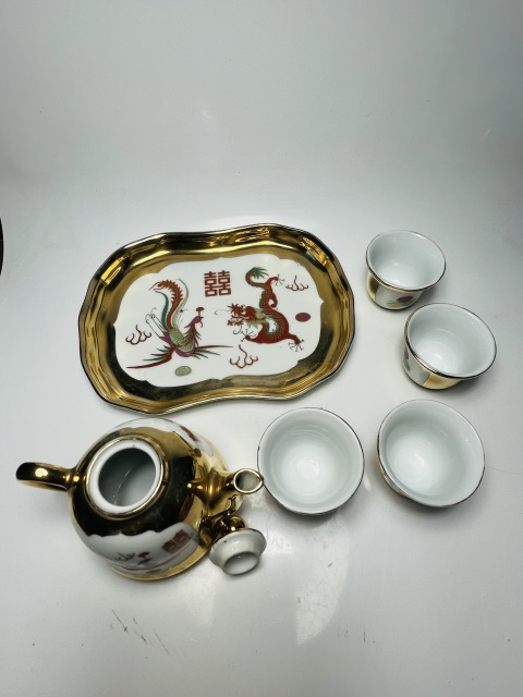 古玩陶瓷粉彩描金龍鳳囍字紋茶具一套拍賣，當前價格699元