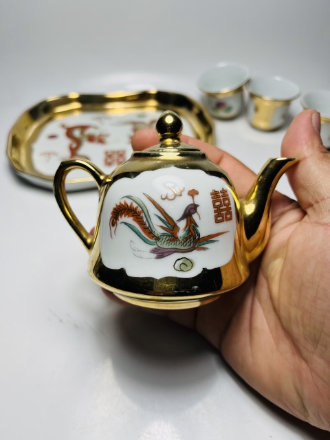 古玩陶瓷粉彩描金龍鳳囍字紋茶具一套拍賣，當前價格699元