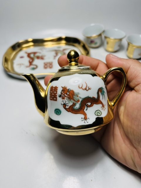 古玩陶瓷粉彩描金龍鳳囍字紋茶具一套拍賣，當前價格699元