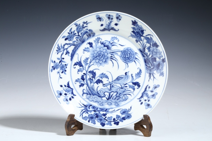 古玩陶瓷康熙 青花錦雞牧丹盤拍賣,當前價格5800元