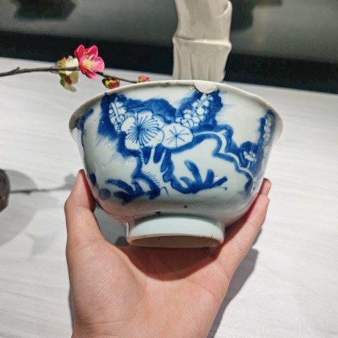 古玩陶瓷清早期青花花鳥花卉紋碗拍賣，當前價格2600元