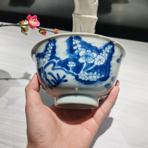 古玩陶瓷清早期青花花鳥花卉紋碗拍賣，當前價格2600元