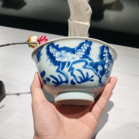 古玩陶瓷清早期青花花鳥花卉紋碗拍賣，當前價格2600元