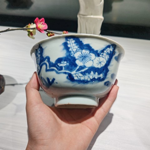 古玩陶瓷清早期青花花鳥花卉紋碗拍賣，當前價格2600元