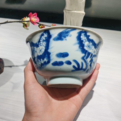 古玩陶瓷清早期青花花鳥花卉紋碗拍賣，當前價格2600元