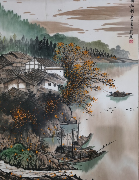 古玩字畫陳大章入室弟子中美協會員博士女畫家劉穎江南秋韻拍賣，當前價格1488元