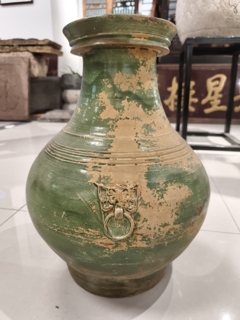 古玩陶瓷漢綠釉雙獸弦紋盤口瓶拍賣，當前價格3888元