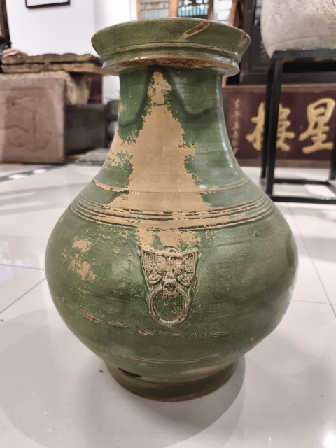 古玩陶瓷漢綠釉雙獸弦紋盤口瓶拍賣，當前價格3888元