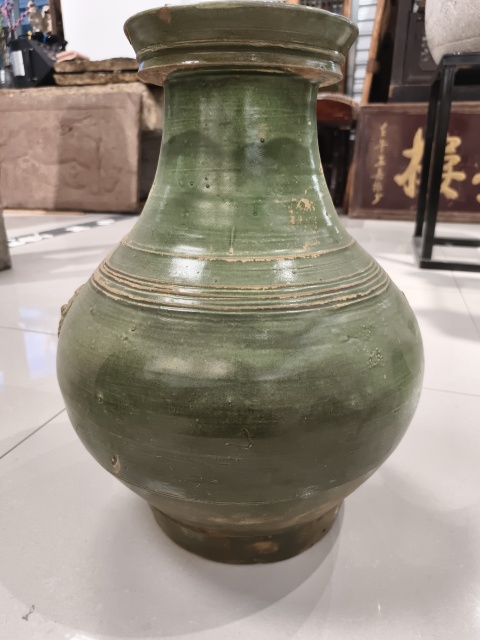 古玩陶瓷漢綠釉雙獸弦紋盤口瓶拍賣，當前價格3888元