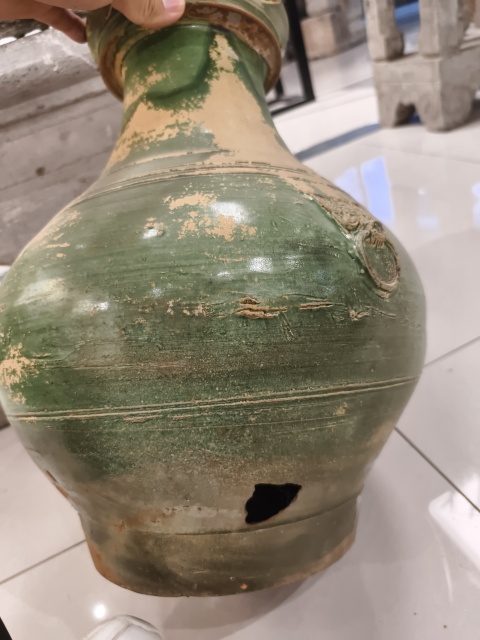 古玩陶瓷漢綠釉雙獸弦紋盤口瓶拍賣，當前價格3888元