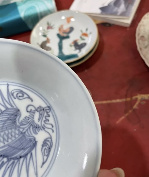 古玩陶瓷清雍正青花鐵線描鳳紋盤拍賣，當前價格350元
