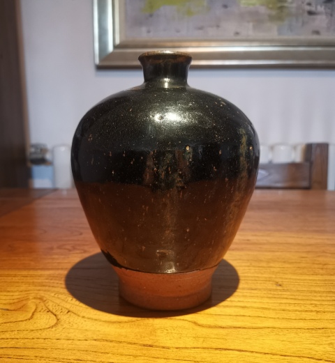 古玩陶瓷明代?窯變黑釉鐵銹斑梅瓶拍賣，當前價格4200元