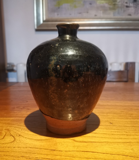 古玩陶瓷明代?窯變黑釉鐵銹斑梅瓶拍賣，當前價格4200元