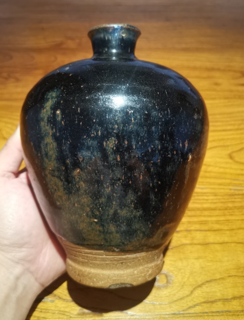 古玩陶瓷明代?窯變黑釉鐵銹斑梅瓶拍賣，當前價格4200元