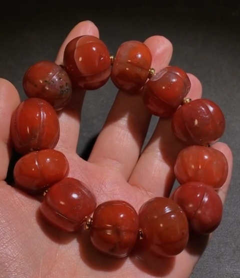 古玩玉器超大尺寸精品天然“南紅瑪瑙”瓜珠手串拍賣，當前價格6800元