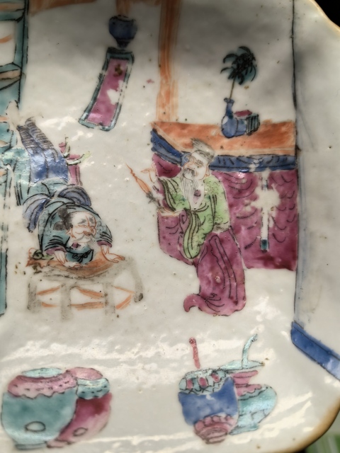 域鉴古玩】清同治粉彩四方窝角粉彩水浒人物故事高足供盘拍卖价格