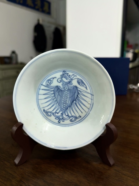古玩陶瓷清雍正青花鐵線描鳳紋盤拍賣，當前價格350元