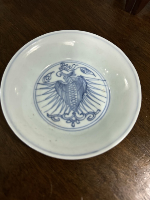 古玩陶瓷清雍正青花鐵線描鳳紋盤拍賣，當前價格350元