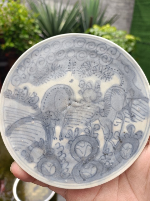 古玩陶瓷明嘉萬青花雙鹿圖賞盤拍賣，當前價格299元