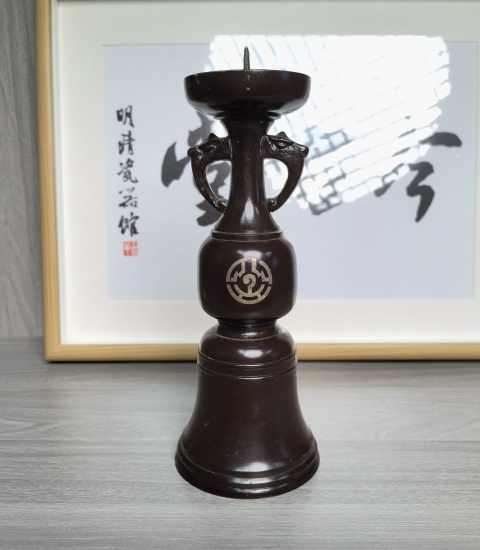 古玩雜項清晚期 銅嵌銀老燭臺拍賣，當前價格290元