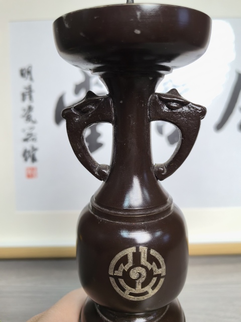 古玩雜項清晚期 銅嵌銀老燭臺拍賣，當前價格290元
