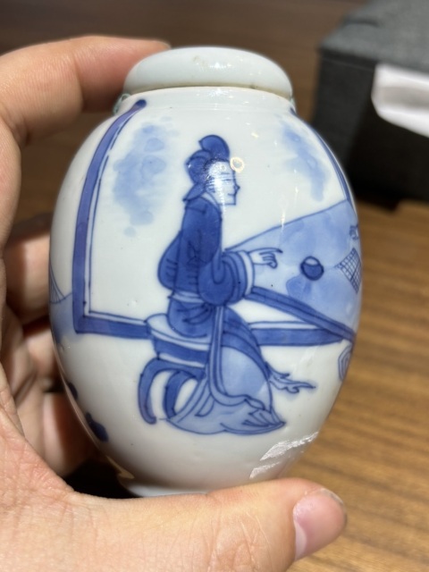 古玩陶瓷清康熙青花仕女對弈圖蓮子罐拍賣，當前價格18000元