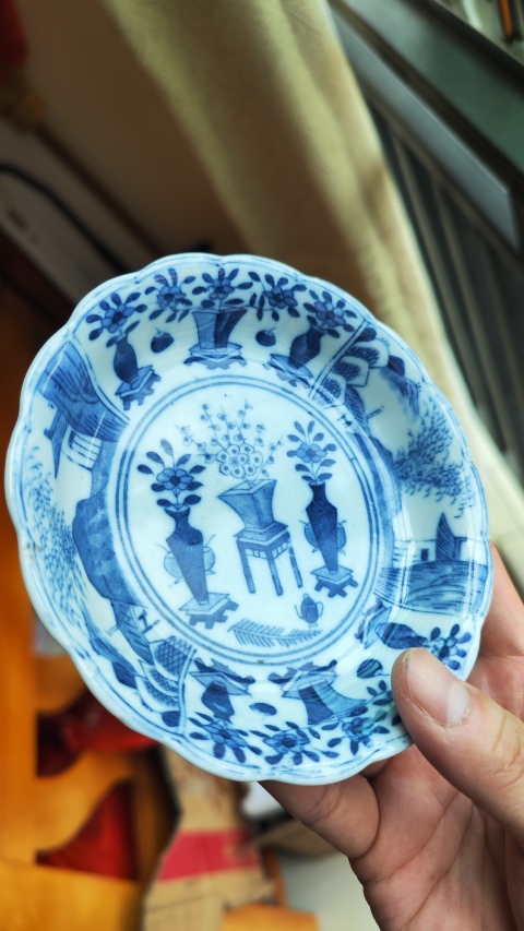 古玩陶瓷青花博古圖花口盤拍賣,當前價格380元