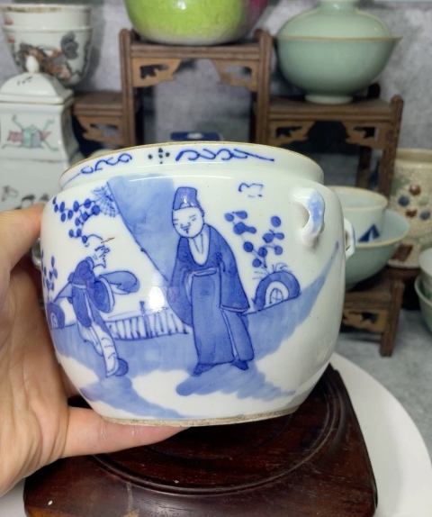 古玩陶瓷晚清青花攜琴訪友圖四系罐拍賣，當前價格780元