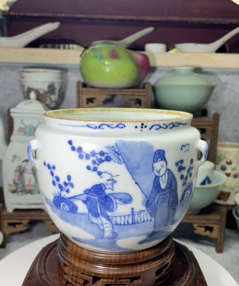 古玩陶瓷晚清青花攜琴訪友圖四系罐拍賣，當前價格780元