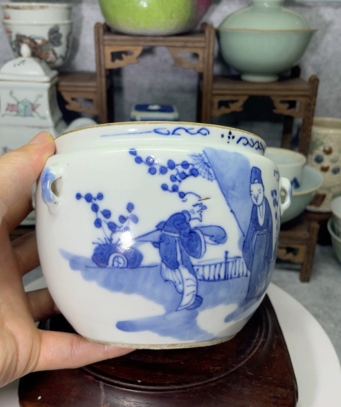 古玩陶瓷晚清青花攜琴訪友圖四系罐拍賣，當前價格780元