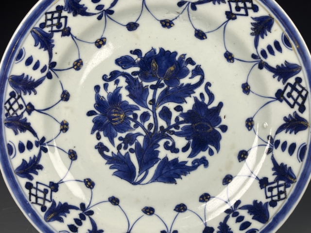 古玩陶瓷清康熙·青花描金花卉紋折沿盤拍賣，當前價格1800元