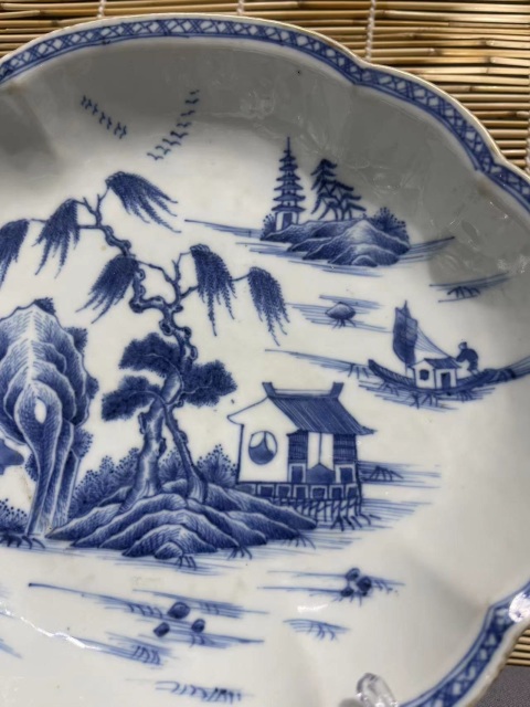 古玩陶瓷青花山水人物紋花口盤拍賣，當前價格3500元