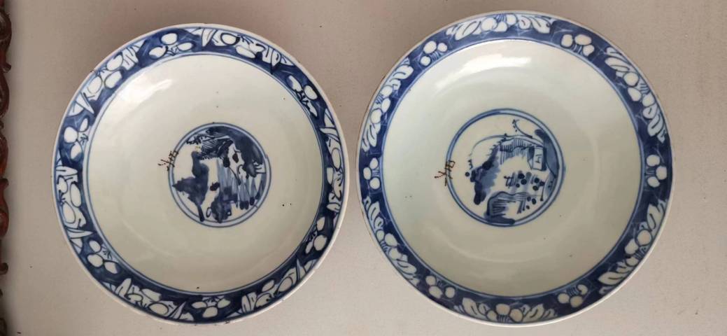古玩陶瓷兩只青花福祿壽喜高足盤拍賣,當前價格1300元