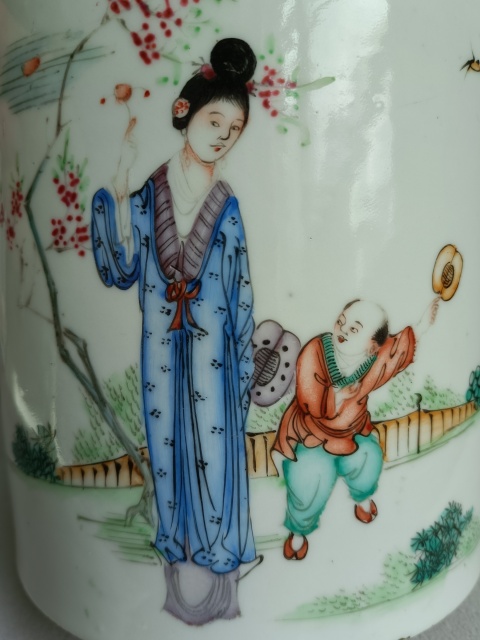 古玩陶瓷粉彩教子圖人物紋提梁壺拍賣,當前價格980元