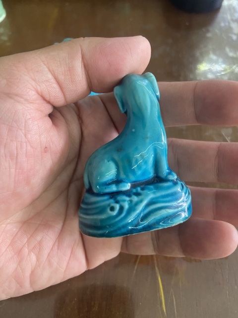 古玩陶瓷民國孔雀藍釉 小怪獸 動物塑像一對拍賣，當前價格1800元