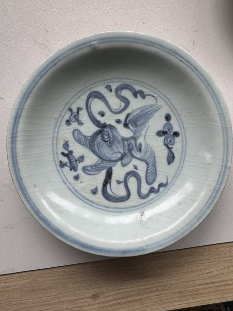 古玩陶瓷明中·青花獅子繡球紋盤真品鑒賞圖